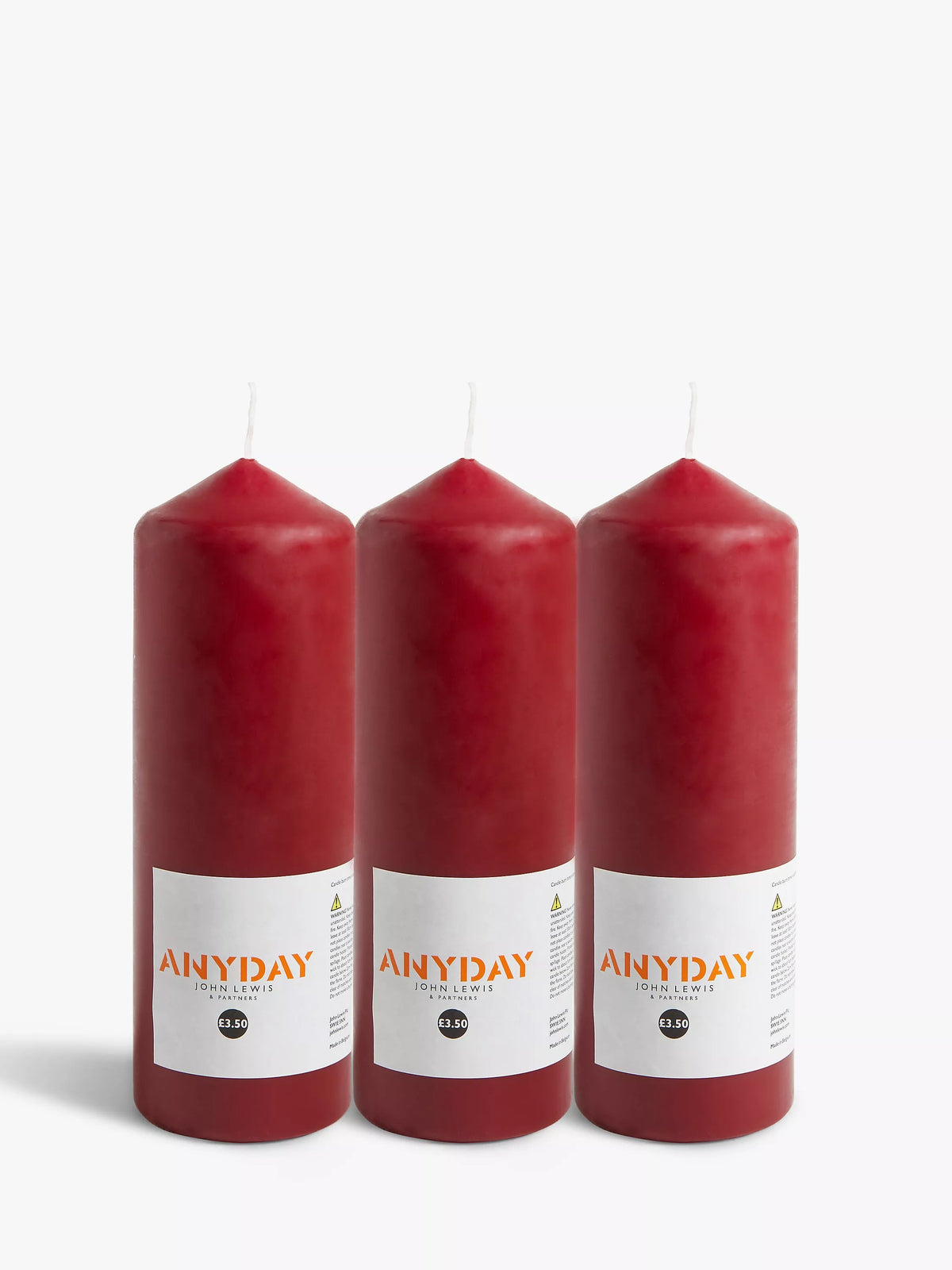 John Lewis red pillar candle set of 3, imported from the UK