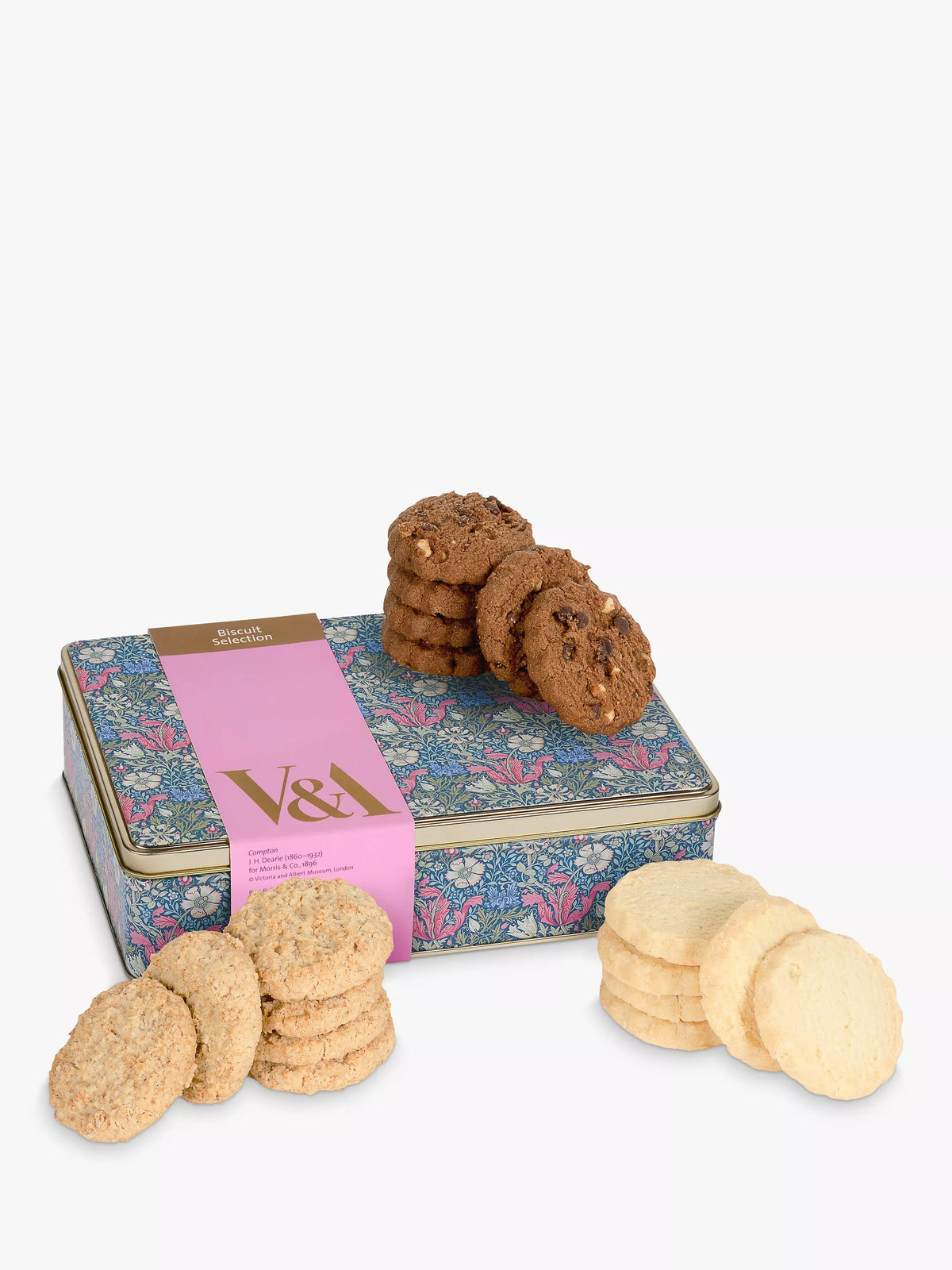V&A assorted biscuits in decorative tin with shortbread, chocolate hazelnut, and oatie, 360g (British brand)