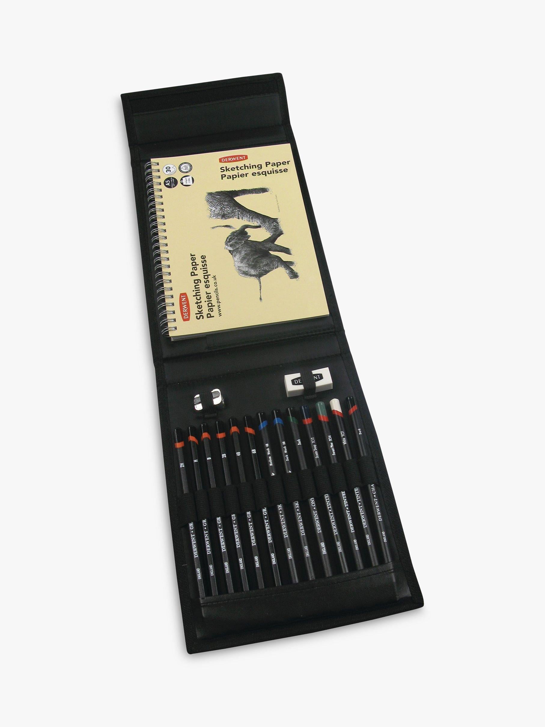 Derwent sketching wallet with pencils, charcoal, and sketch pad - British product