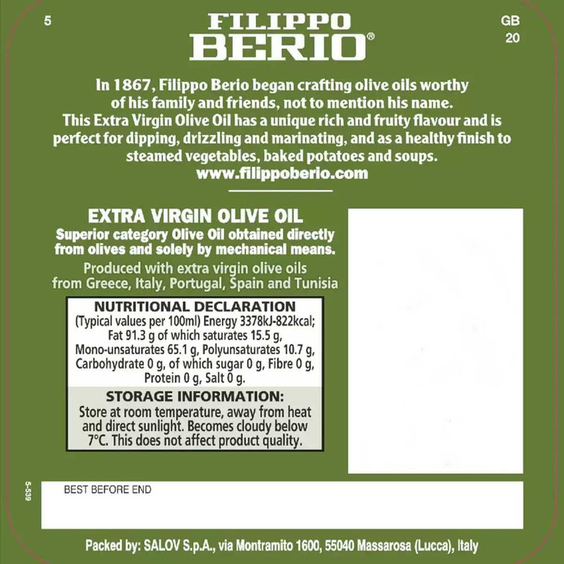 Filippo Berio Natives Olivenöl Extra 5L, importiert aus dem Vereinigten Königreich