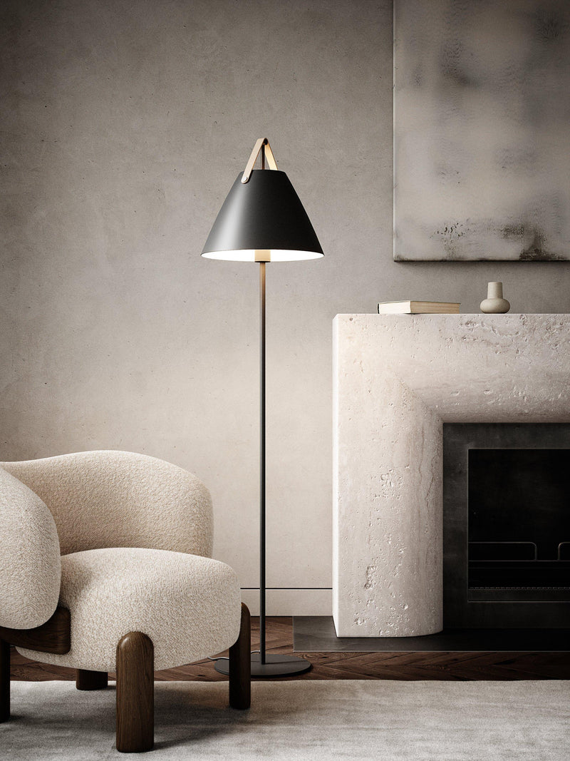 Nordlux Strap Floor Lamp metal shade leather handle, imported from the UK