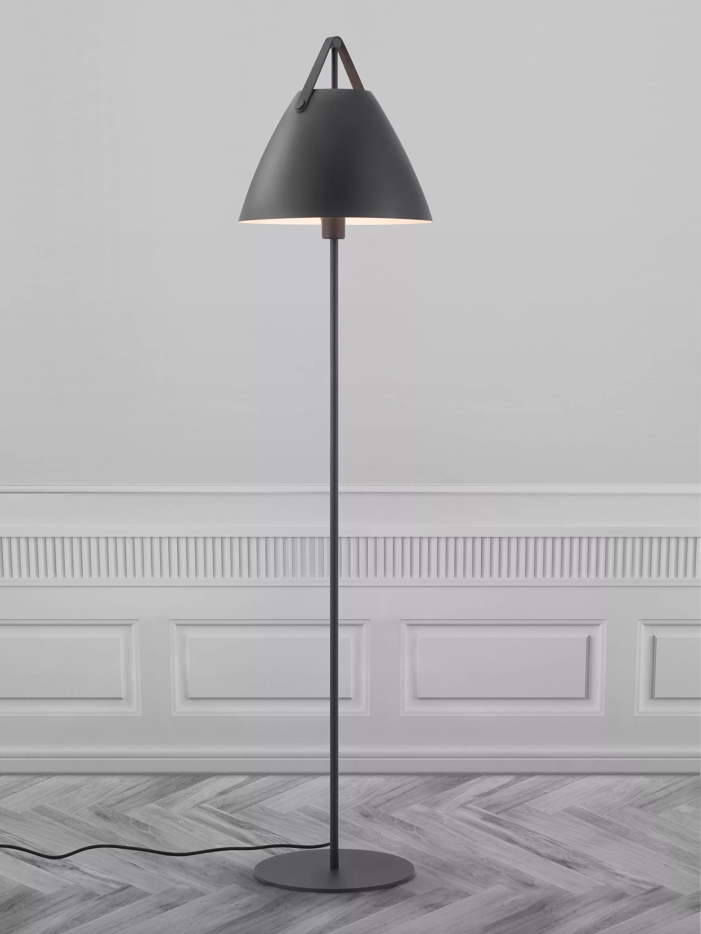 Nordlux Strap Floor Lamp metal shade leather handle, imported from the UK
