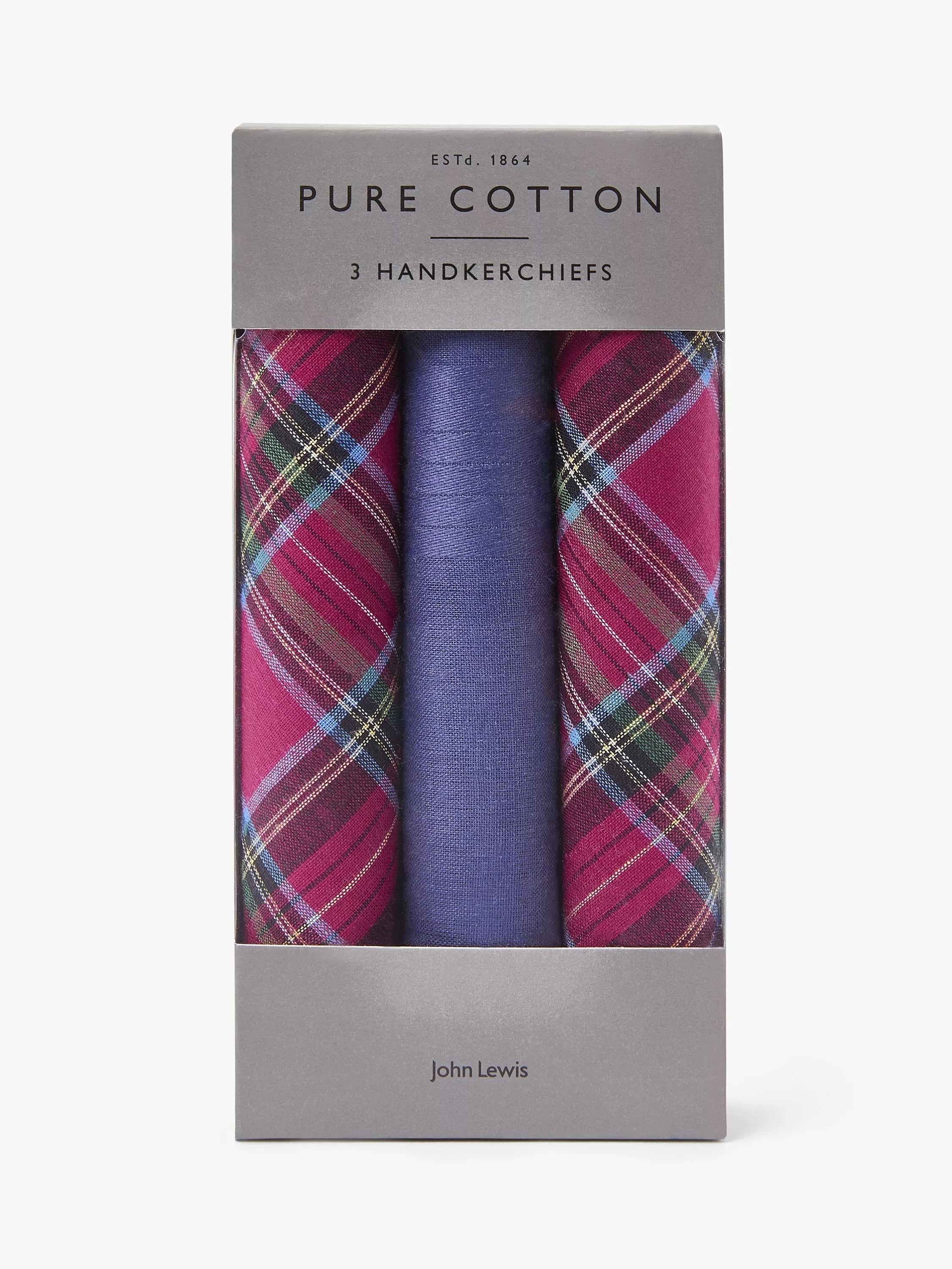 John Lewis tartan cotton handkerchiefs pack of 3 blue purple, UK version