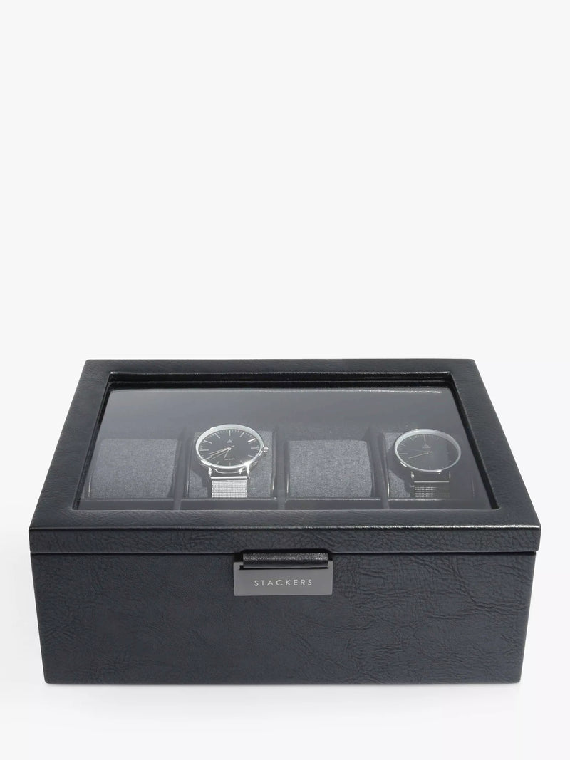 Glass watch box for eight watches with removable pads and glass panel (British brand)