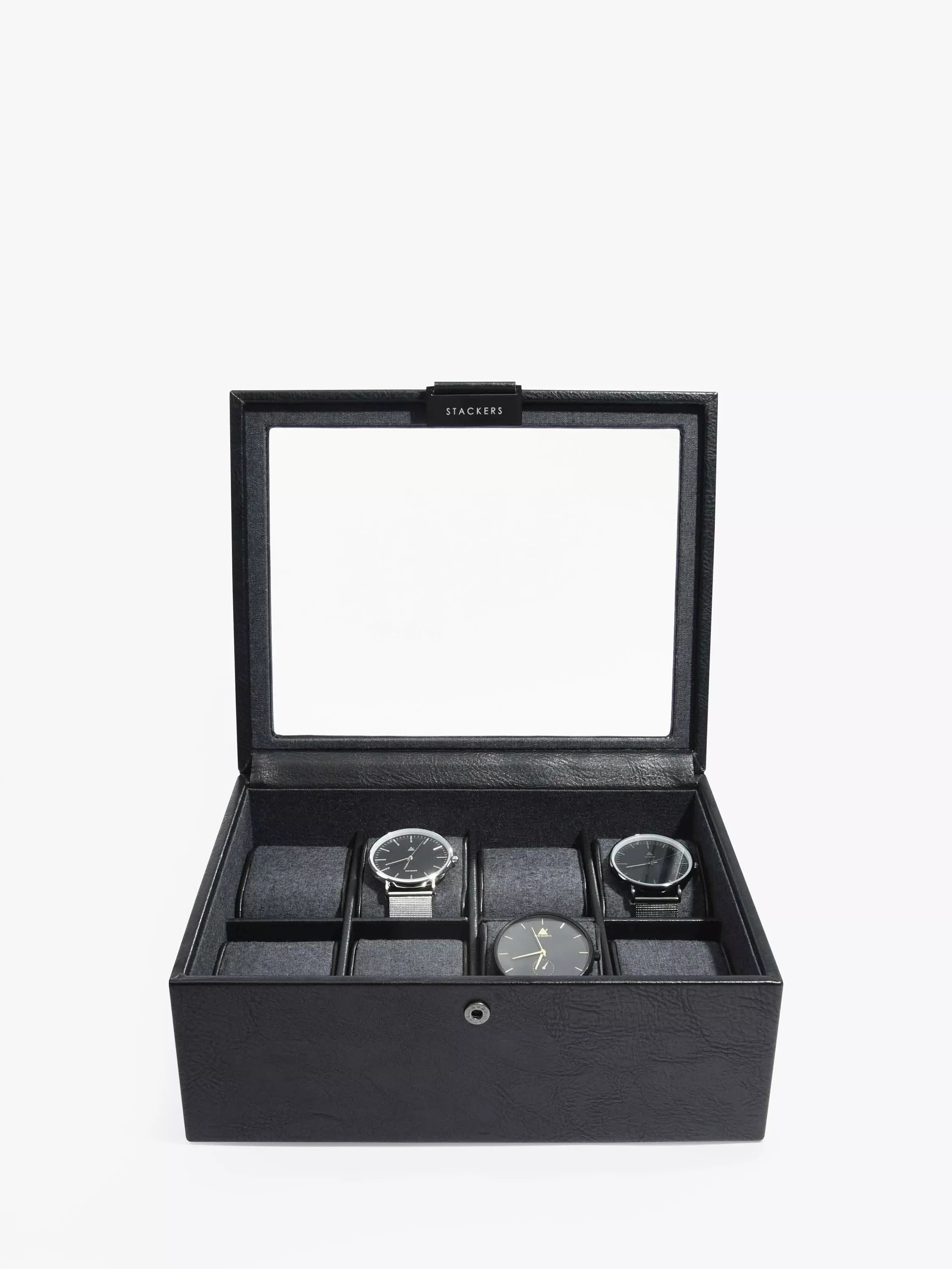 Glass watch box for eight watches with removable pads and glass panel (British brand)