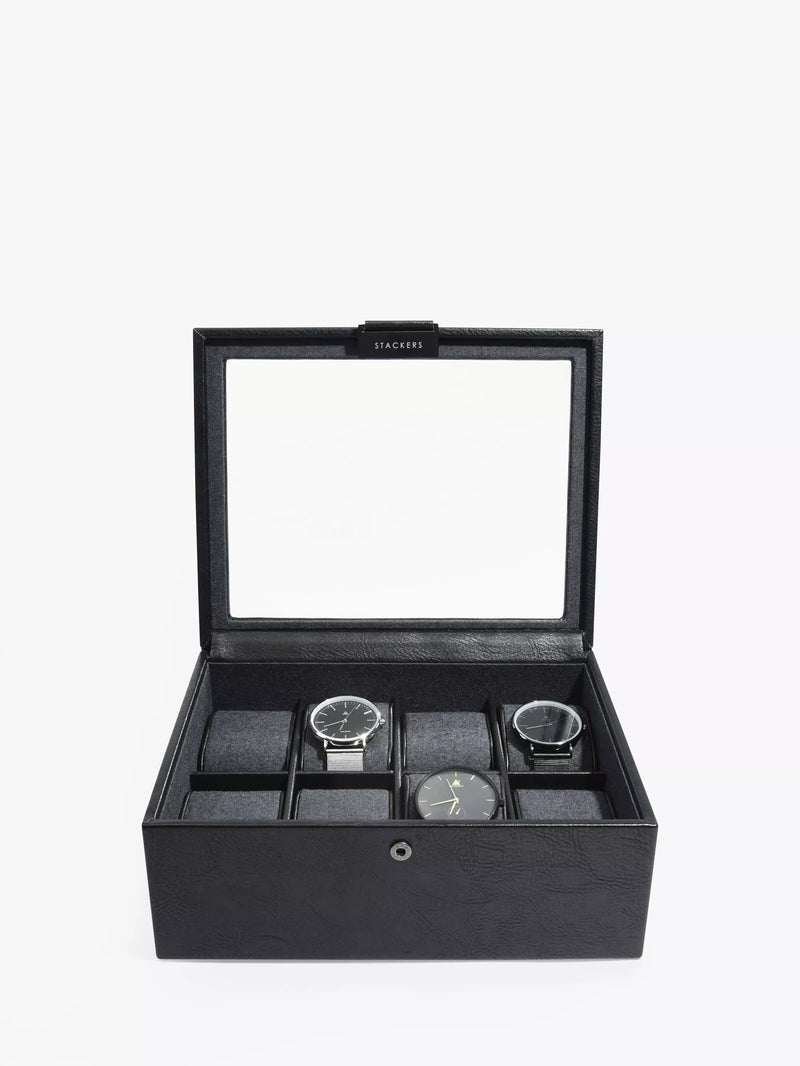 Glass watch box for eight watches with removable pads and glass panel (British brand)