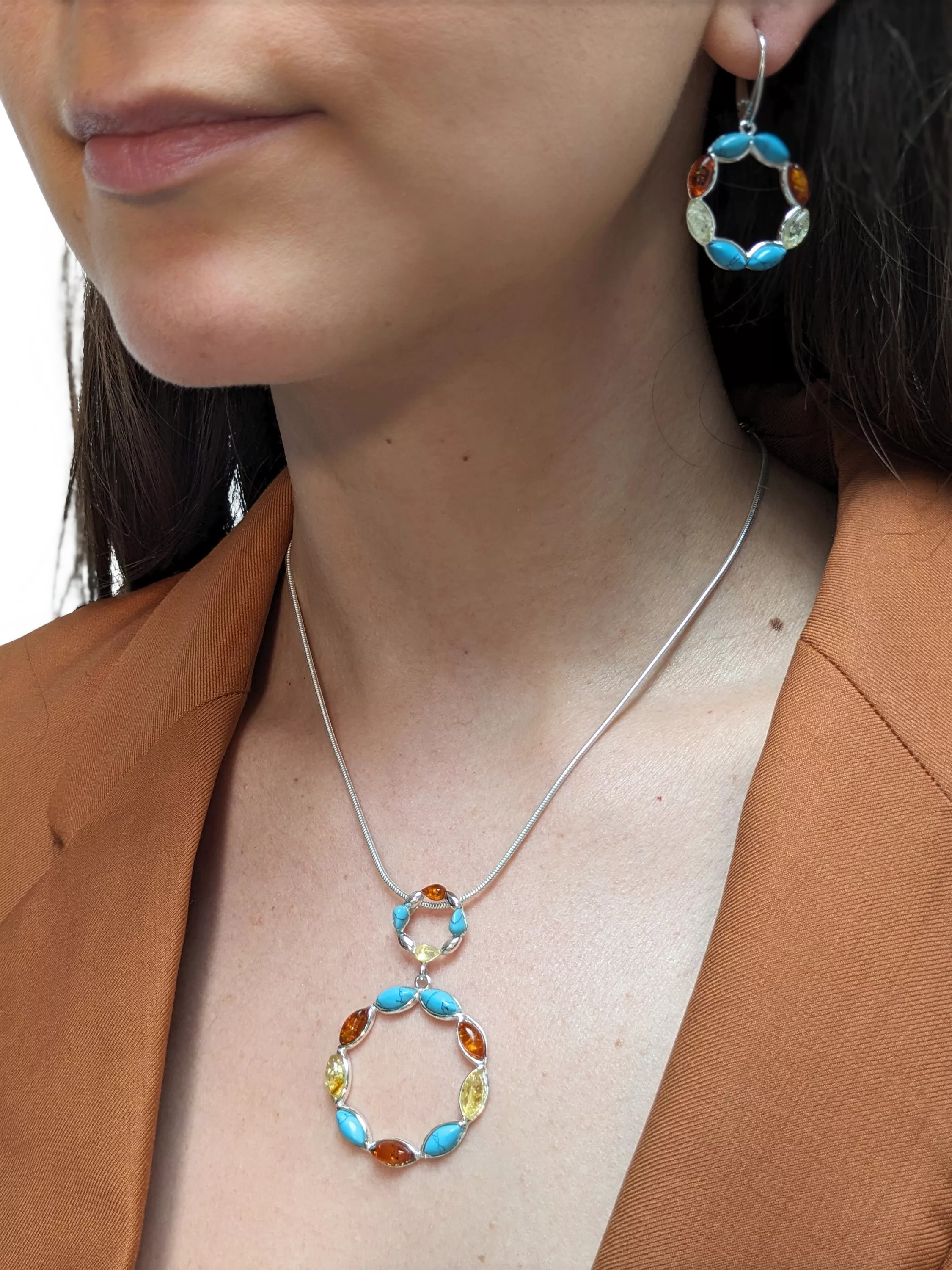 Be-Jewelled turquoise amber circle drop earrings sterling silver - British product