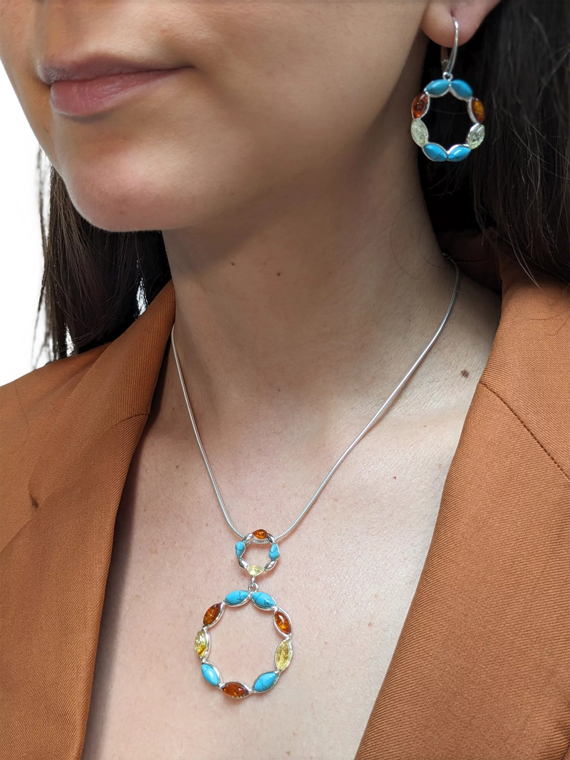 Be-Jewelled turquoise amber circle drop earrings sterling silver - British product