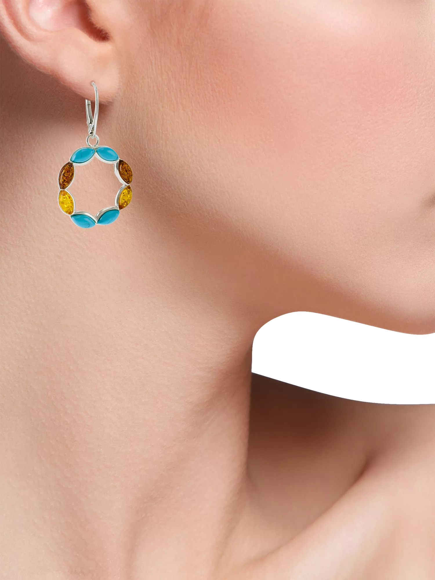Be-Jewelled turquoise amber circle drop earrings sterling silver - British product