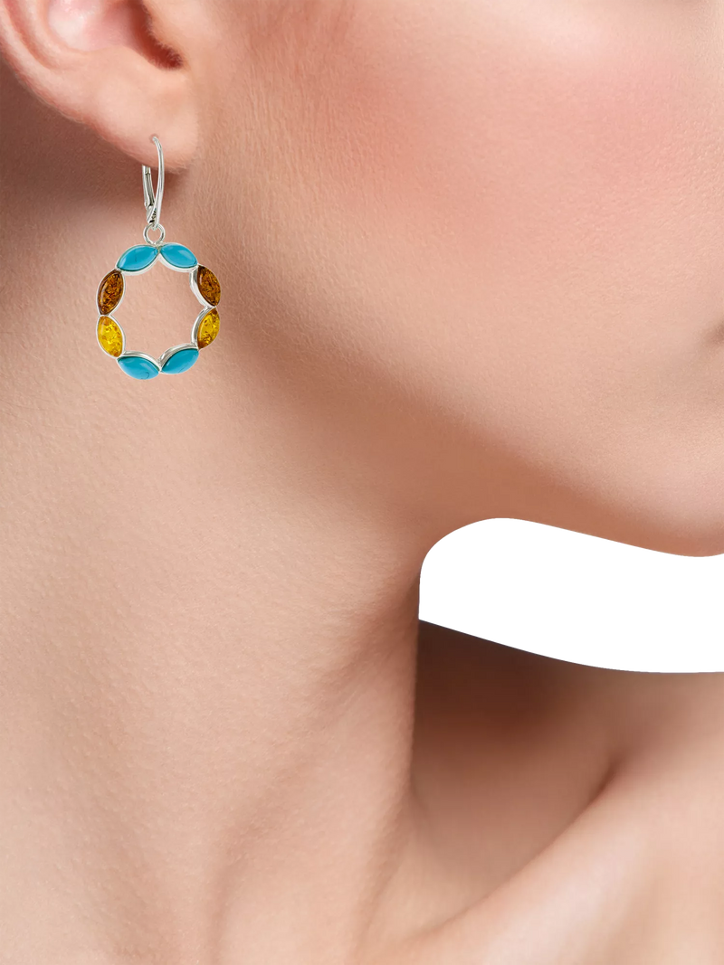 Be-Jewelled turquoise amber circle drop earrings sterling silver - British product