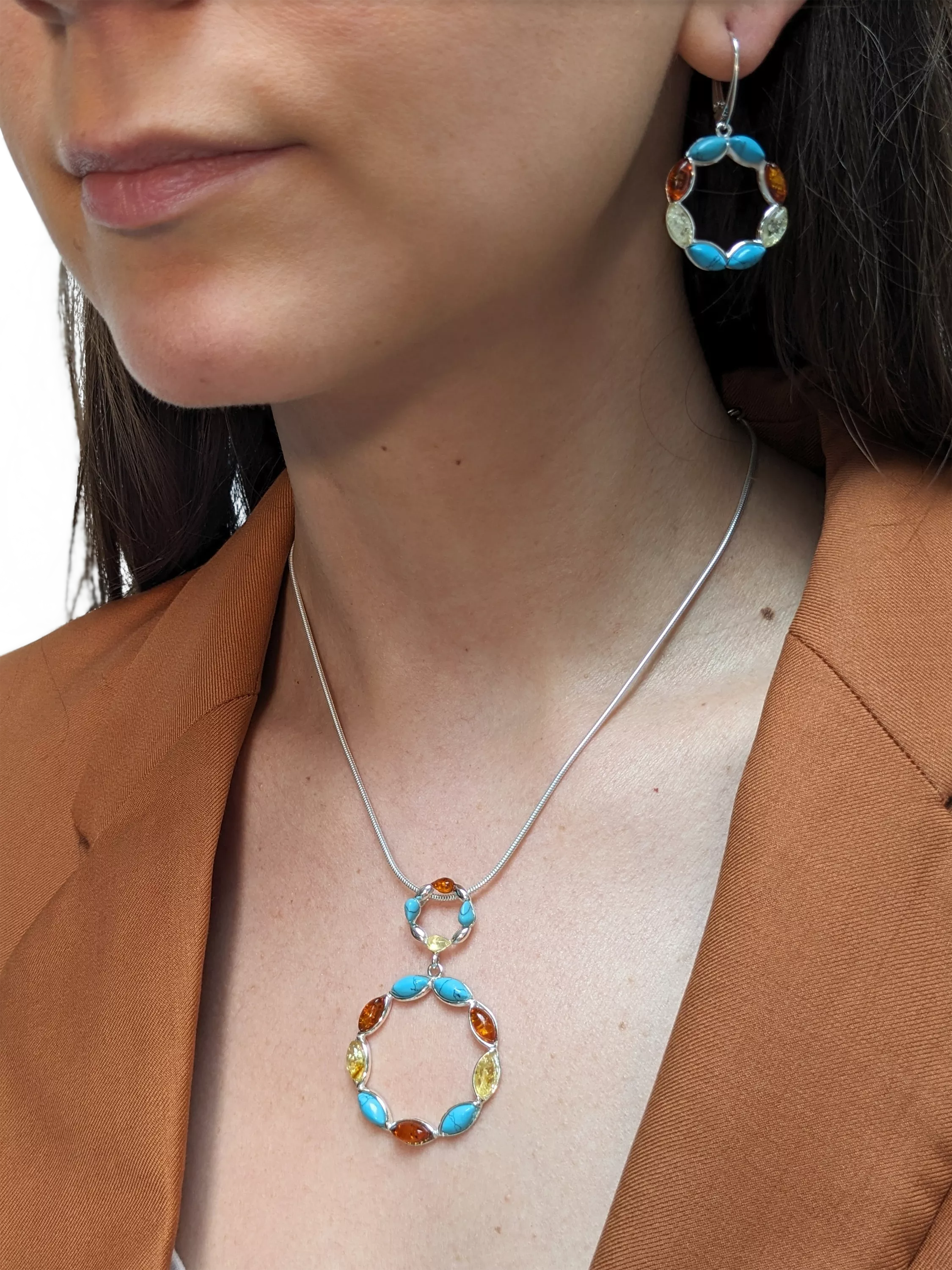 Be-Jewelled turquoise amber pendant necklace silver, imported from the UK