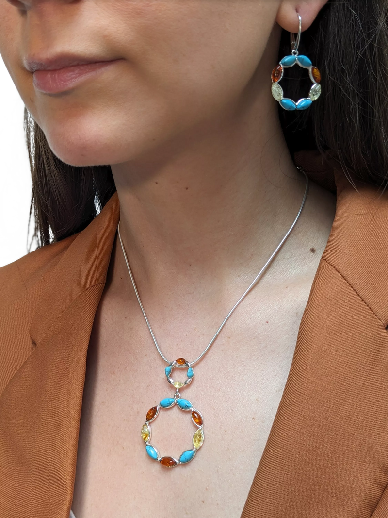 Be-Jewelled turquoise amber pendant necklace silver, imported from the UK