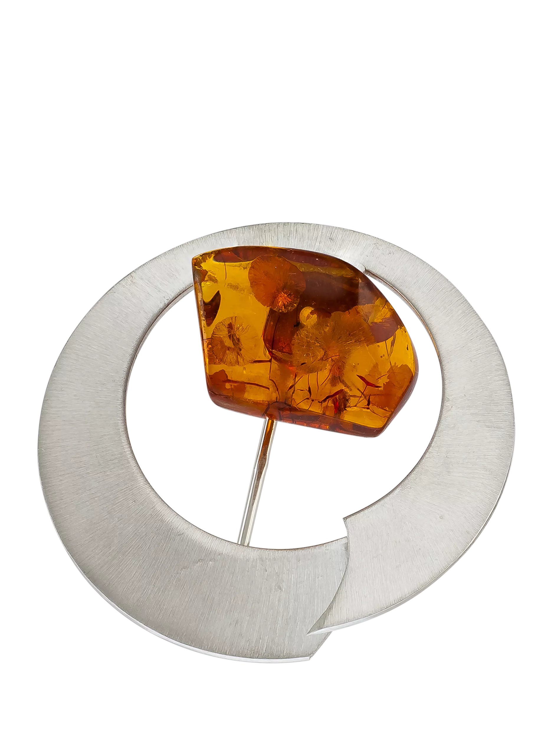 Be-Jewelled brushed Baltic amber round brooch silver cognac, UK version