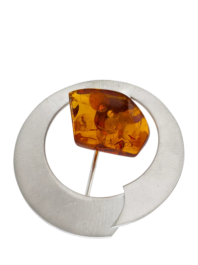John Lewis Be-Jewelled Brushed Baltic Amber Round Brooch, Silver/Cognac- Buy online at McGrocer