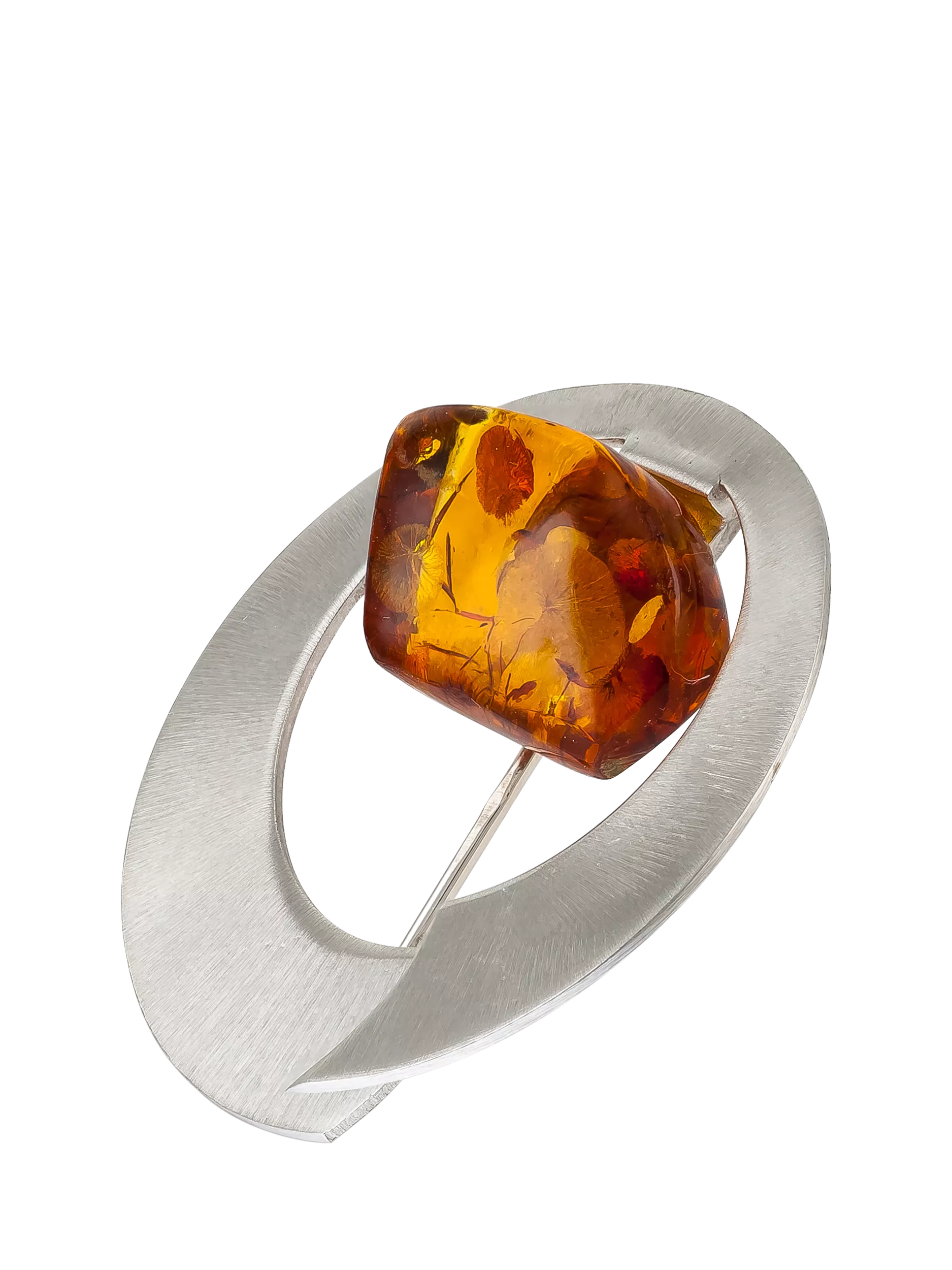 Be-Jewelled brushed Baltic amber round brooch silver cognac, UK version