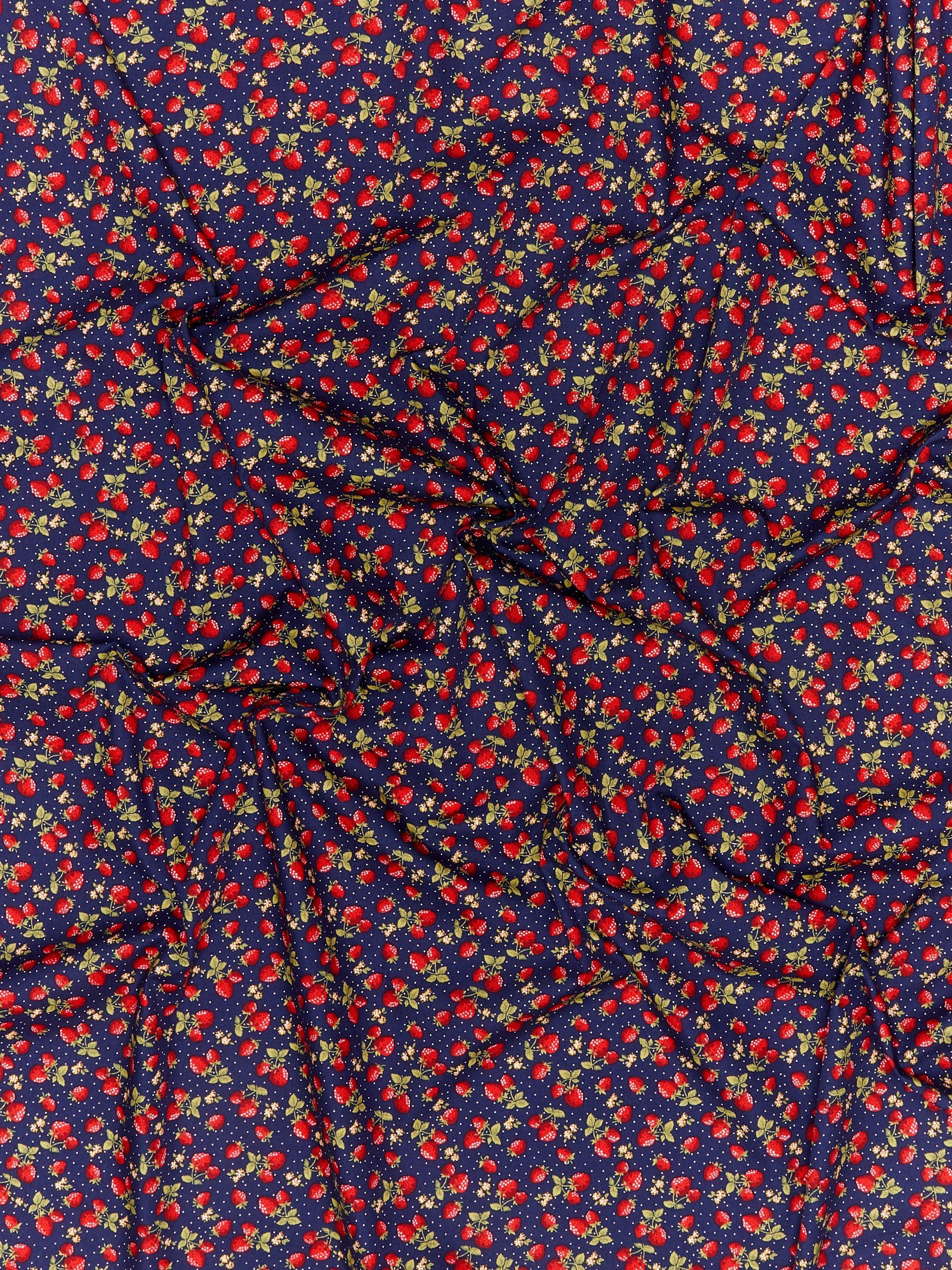 Oddies Textiles strawberry print cotton fabric navy, UK version