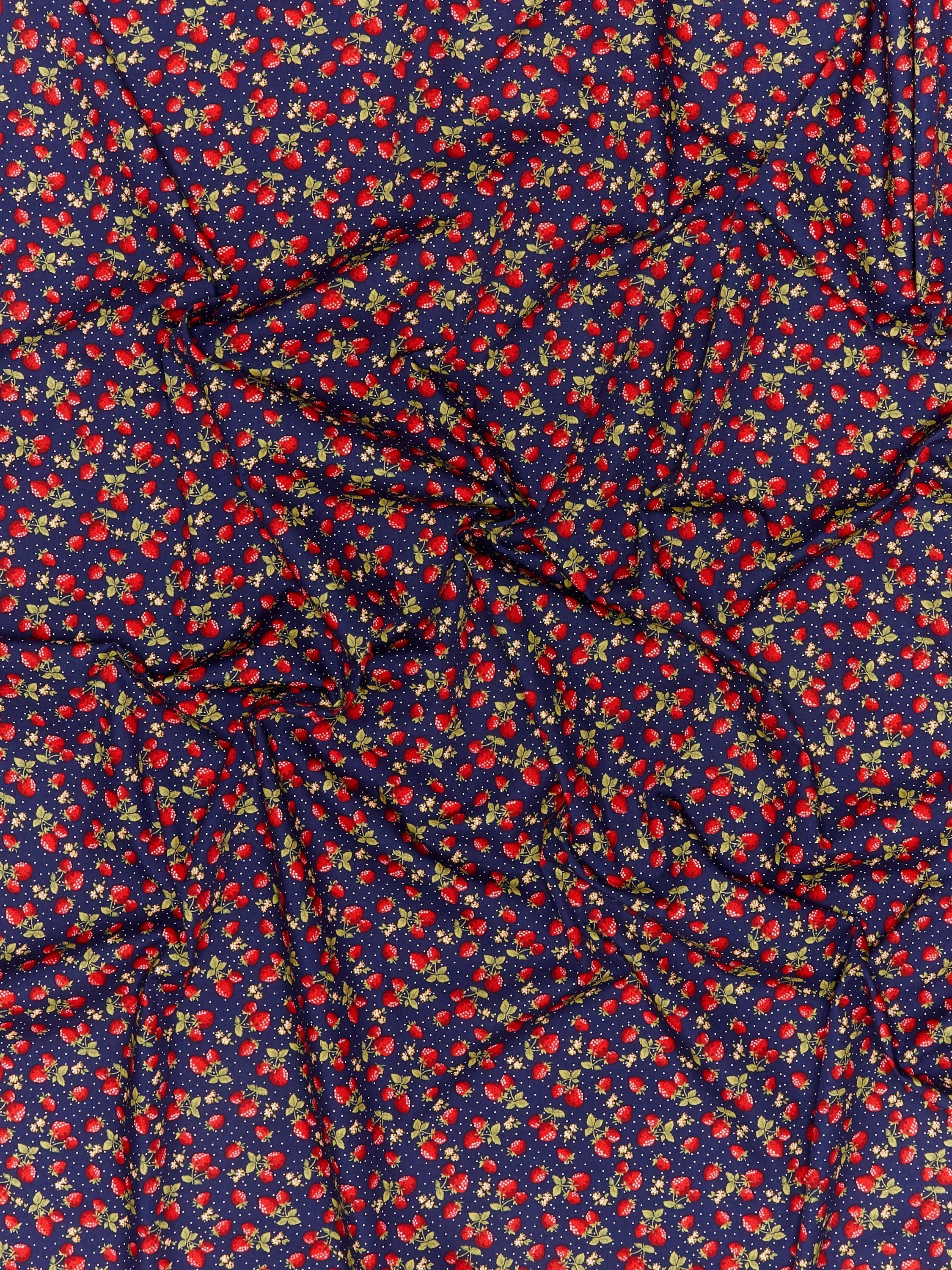 Oddies Textiles strawberry print cotton fabric navy, UK version