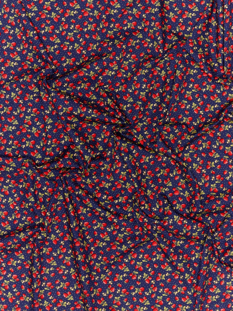 Oddies Textiles strawberry print cotton fabric navy, UK version