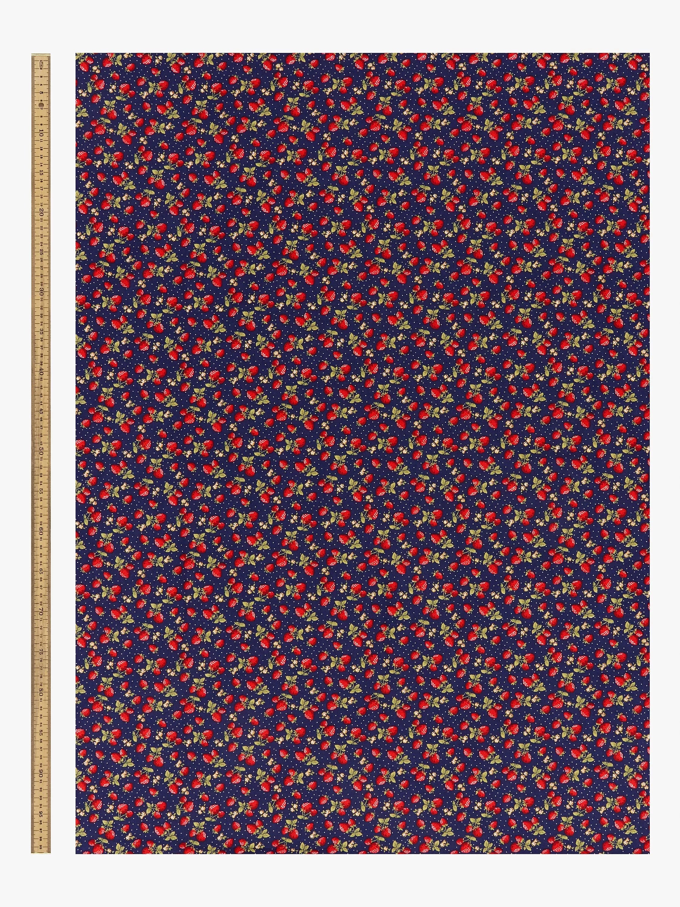 Oddies Textiles strawberry print cotton fabric navy, UK version