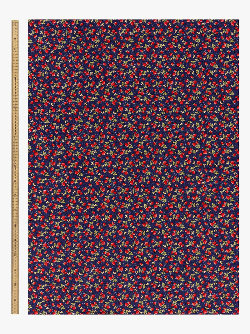 Oddies Textiles strawberry print cotton fabric navy, UK version