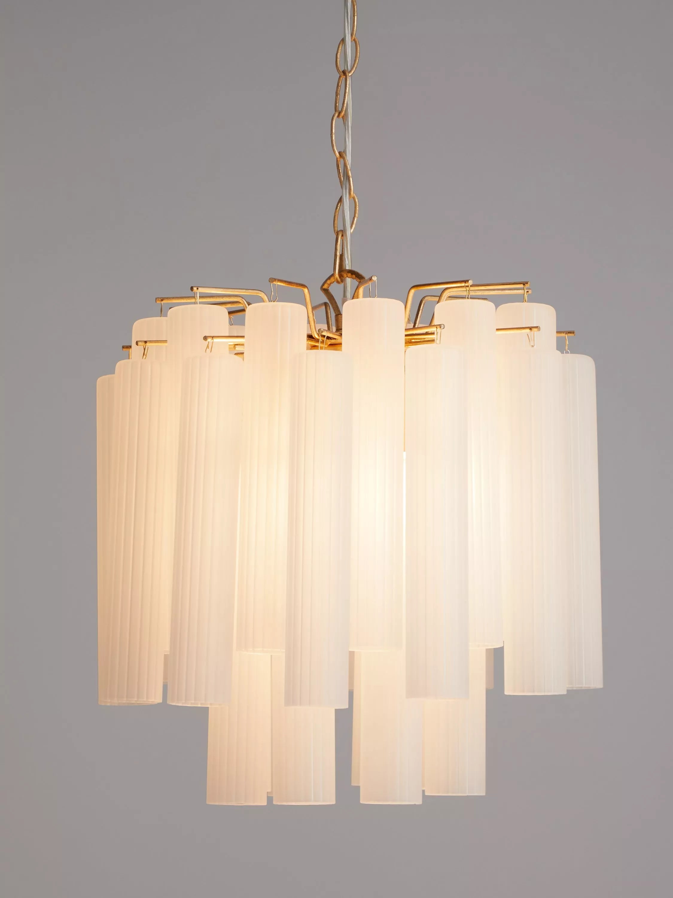 John Lewis Helix gold chandelier with frosted glass flutes (British brand)