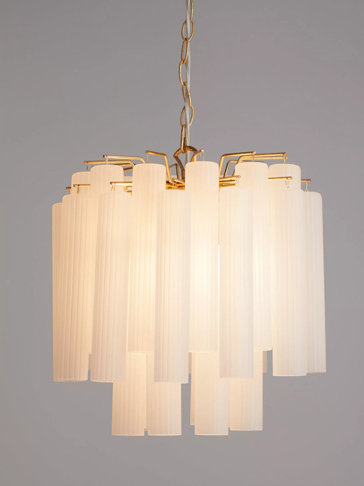 John Lewis Helix gold chandelier with frosted glass flutes (British brand)