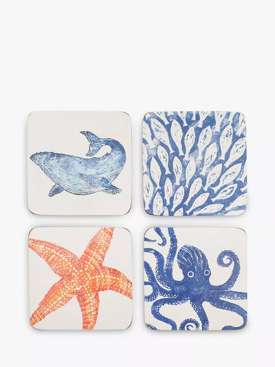 John Lewis BlissHome Creatures Cork-Backed Sealife Coasters Set of 4 Assorted Blue/Orange- Buy online at McGrocer