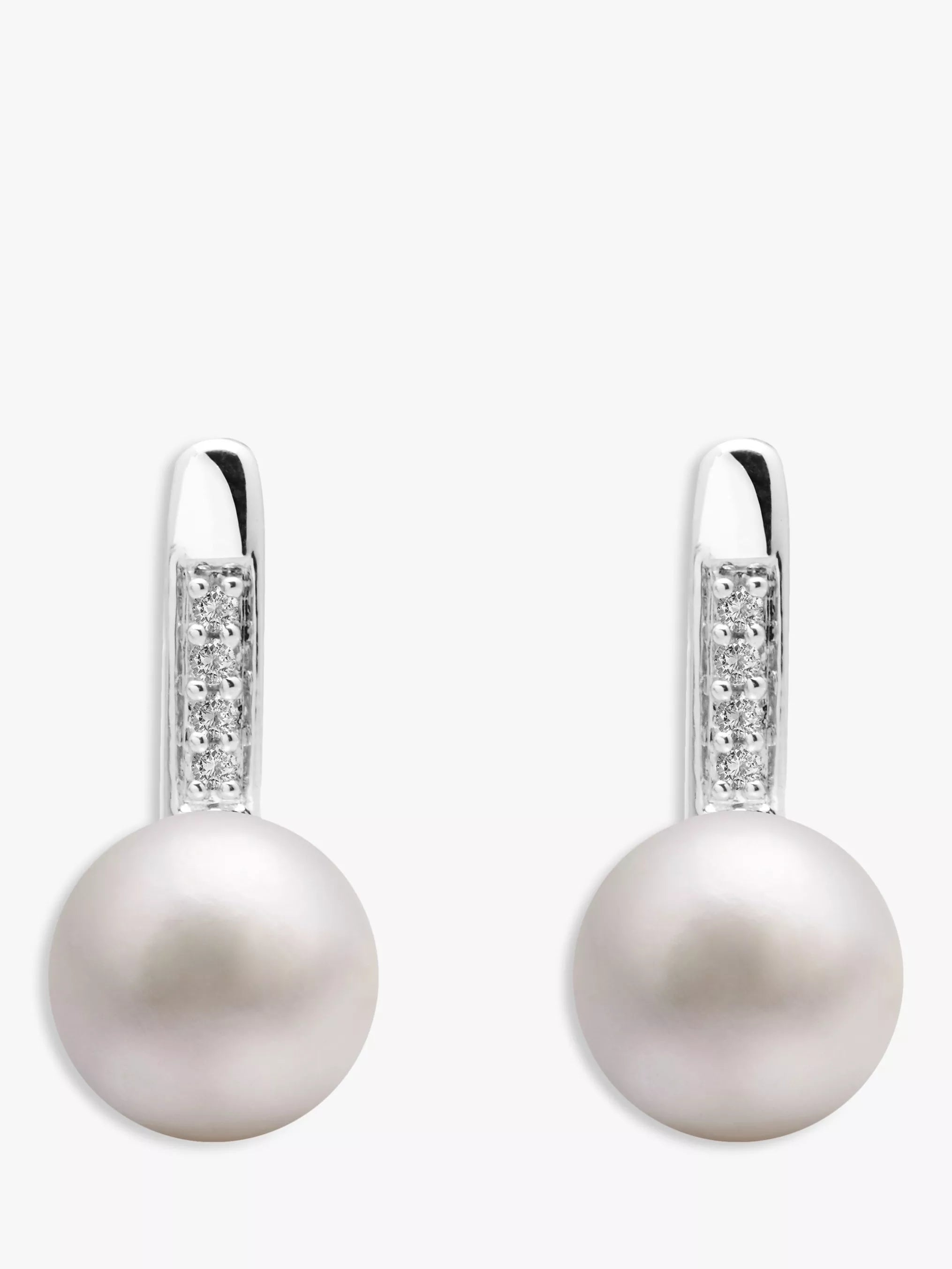 E.W Adams 9ct white gold freshwater pearl diamond drop earrings, UK version