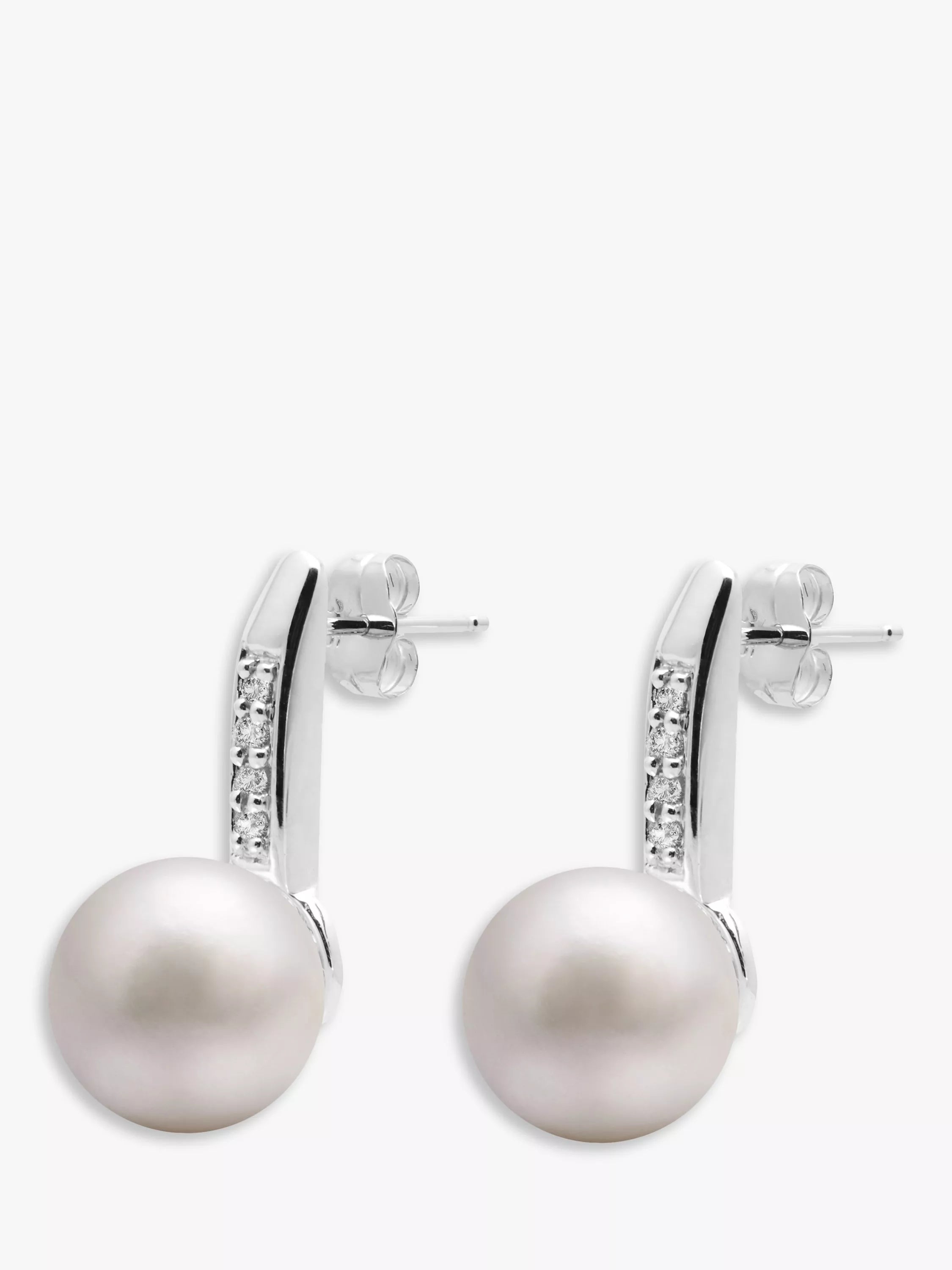 E.W Adams 9ct white gold freshwater pearl diamond drop earrings, UK version