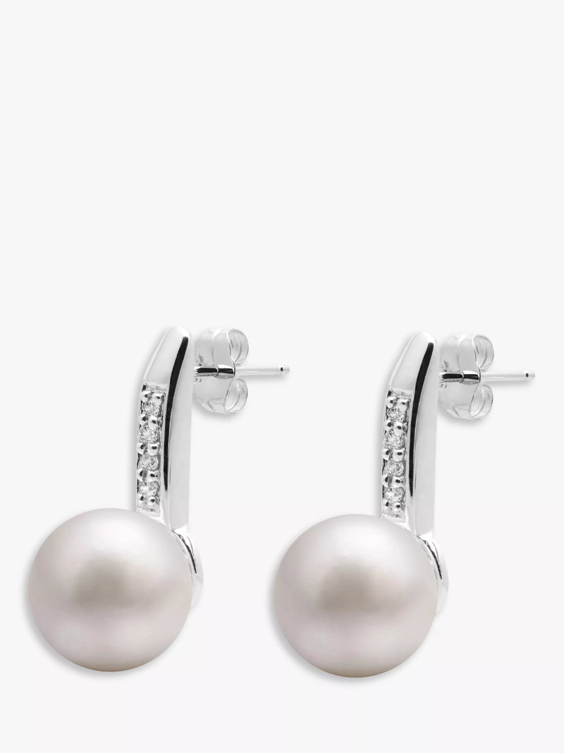 E.W Adams 9ct white gold freshwater pearl diamond drop earrings, UK version