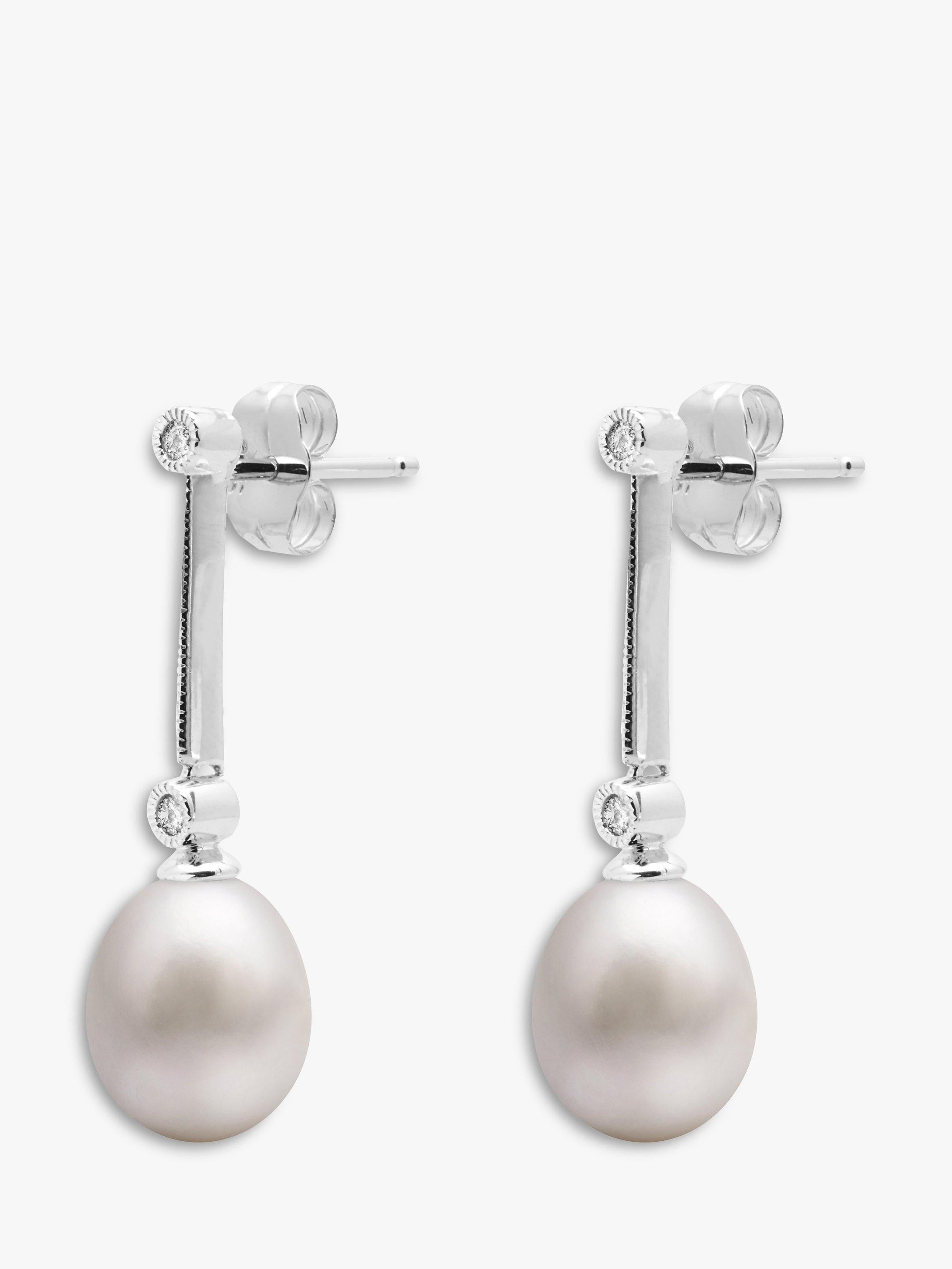 E.W Adams pearl diamond drop earrings 9ct white gold - British product