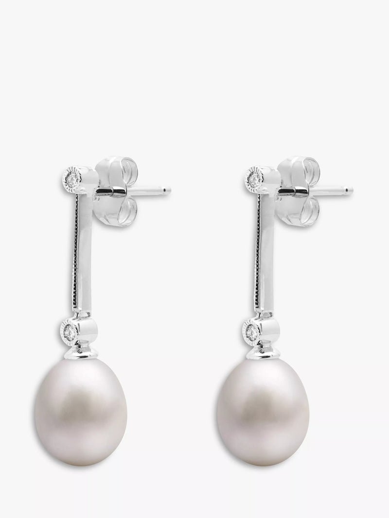 E.W Adams pearl diamond drop earrings 9ct white gold - British product