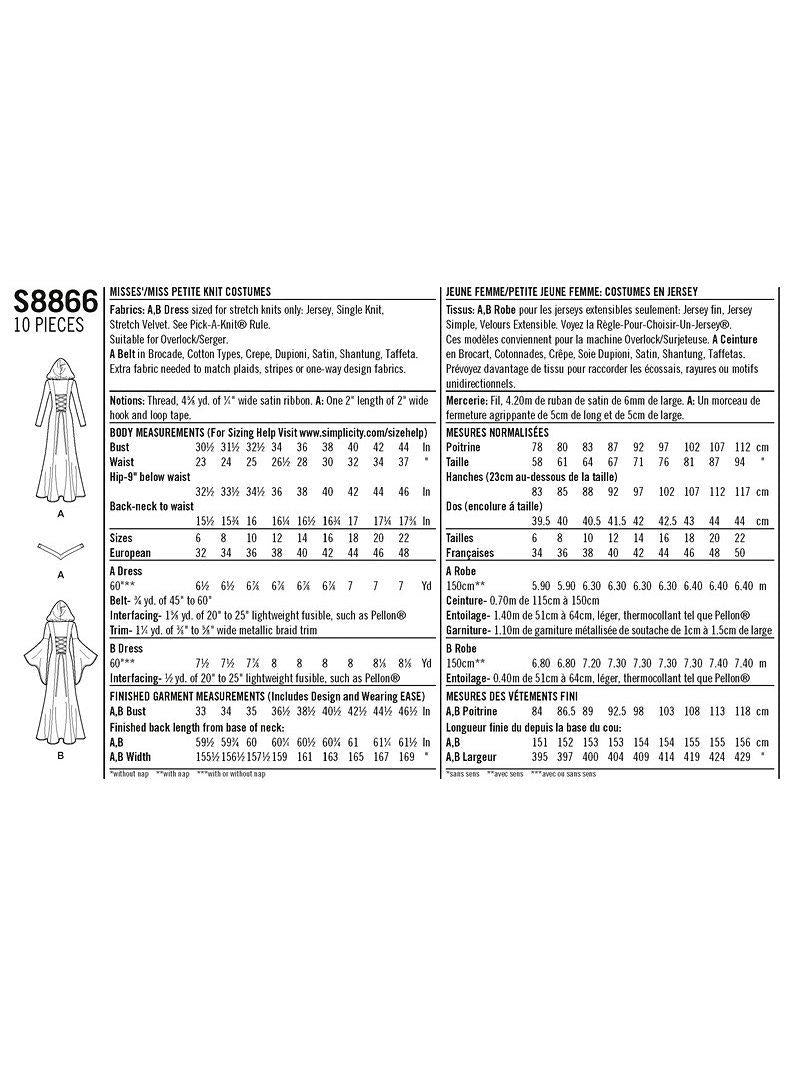 Simplicity sewing pattern 8866 fantasy costumes misses petite, UK version