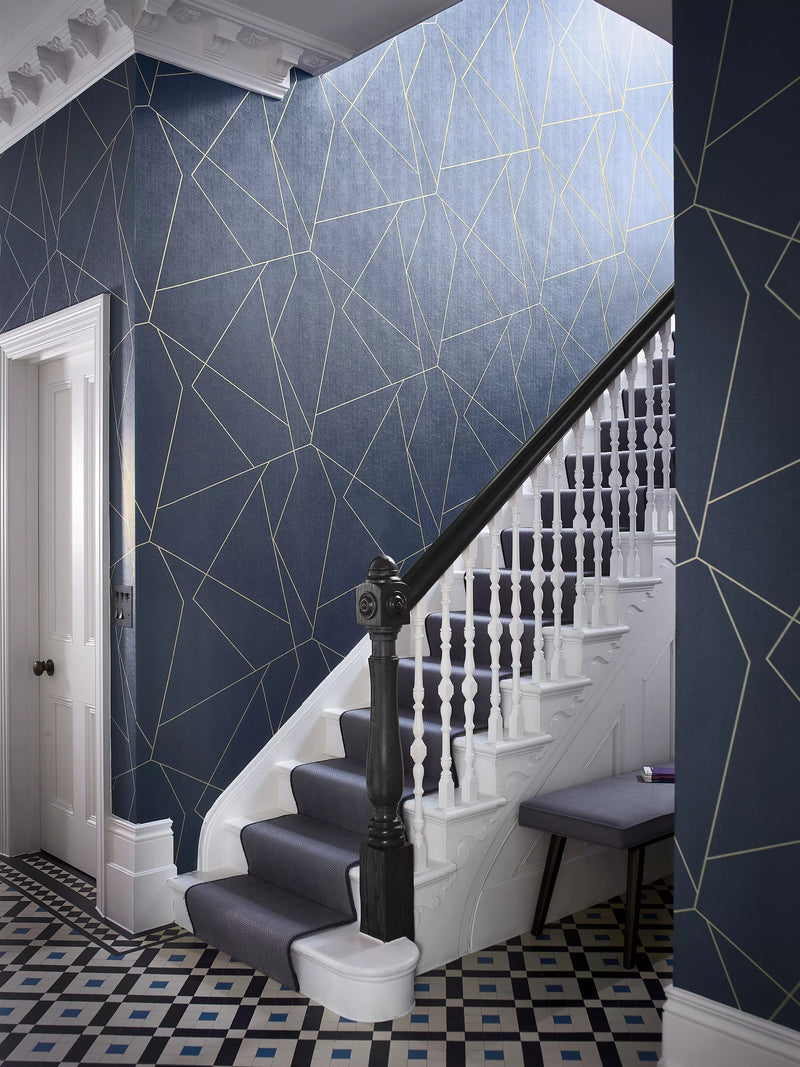 Large scale geometric wallpaper with embossed linen texture and metallic lines, UK version