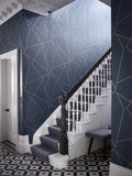 Large scale geometric wallpaper with embossed linen texture and metallic lines, UK version