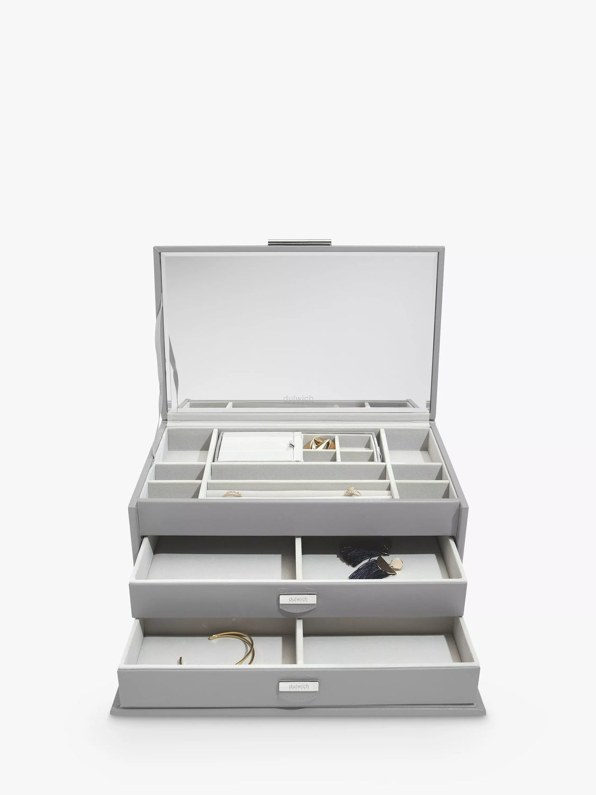 Dulwich Designs leather large jewellery box in grey (British brand)