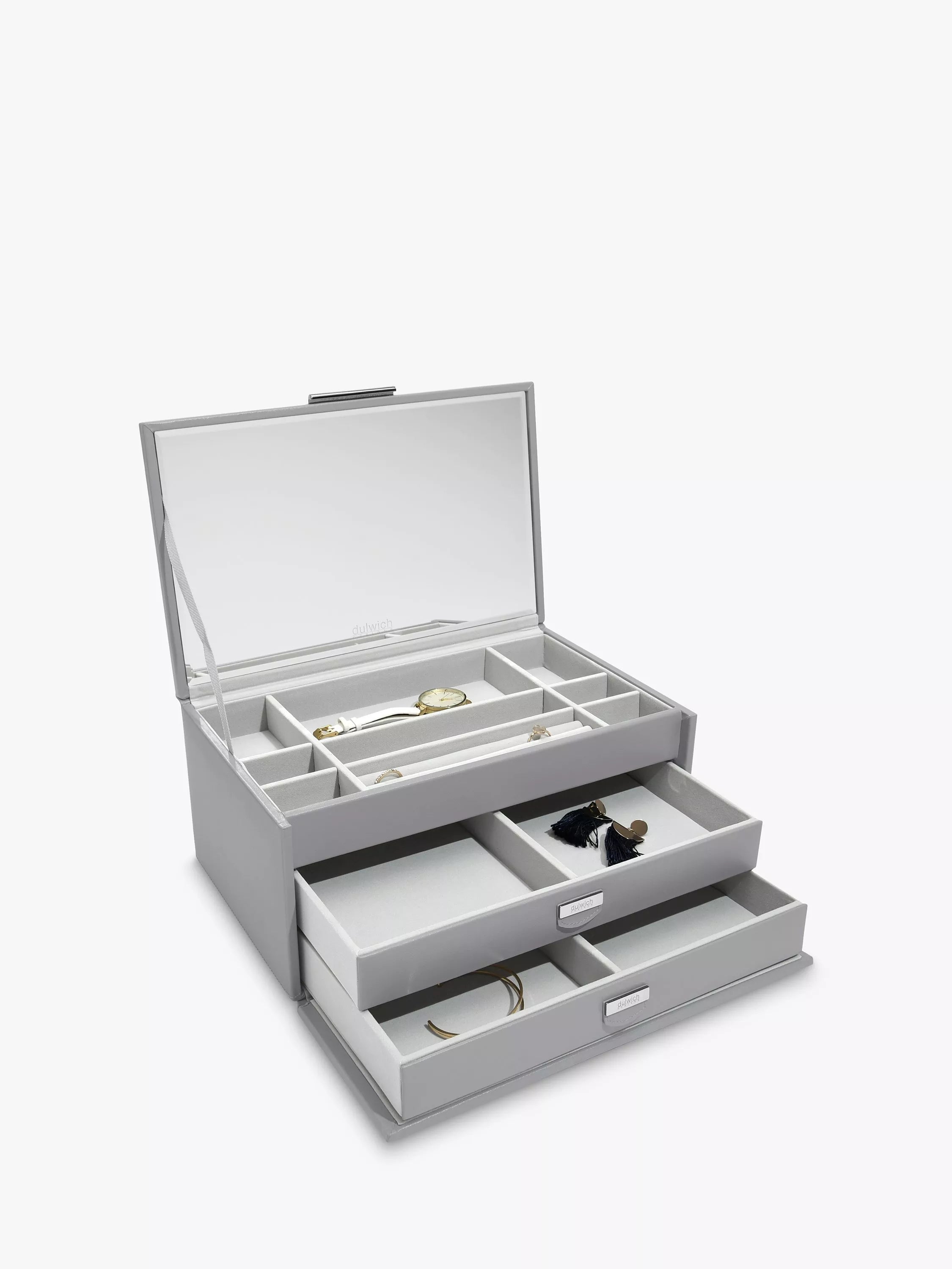 Dulwich Designs leather large jewellery box in grey (British brand)