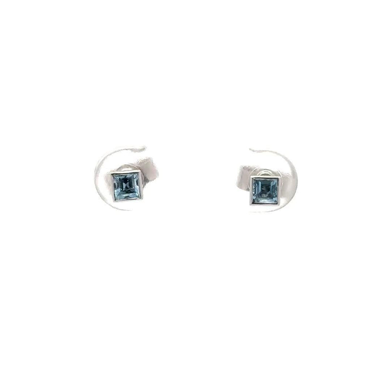 E.W Adams 9ct gold princess cut aquamarine stud earrings, UK version