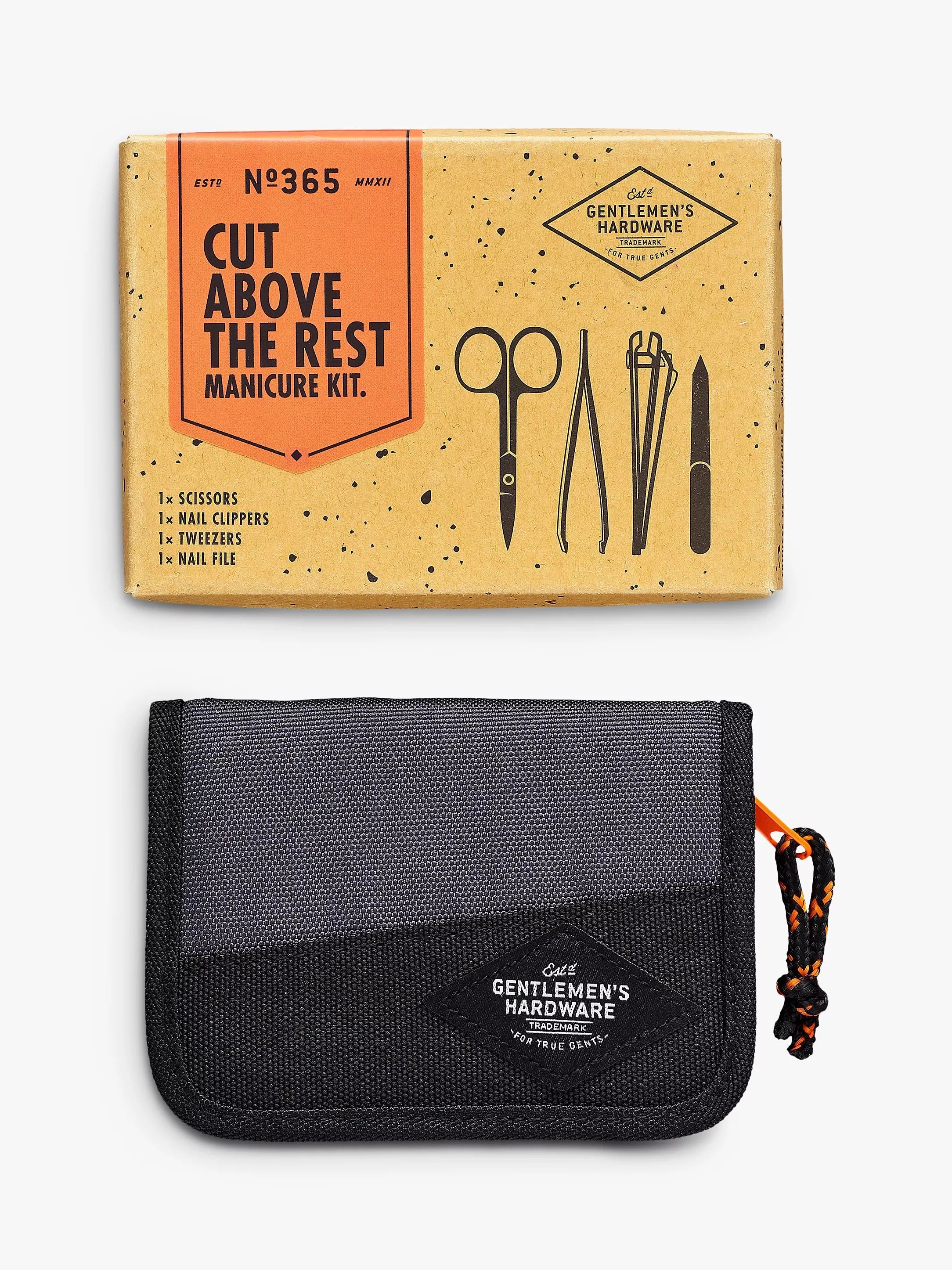 Gentlemen's Hardware manicure kit with stainless steel clippers, tweezers, and scissors in a zipped fabric case, UK version