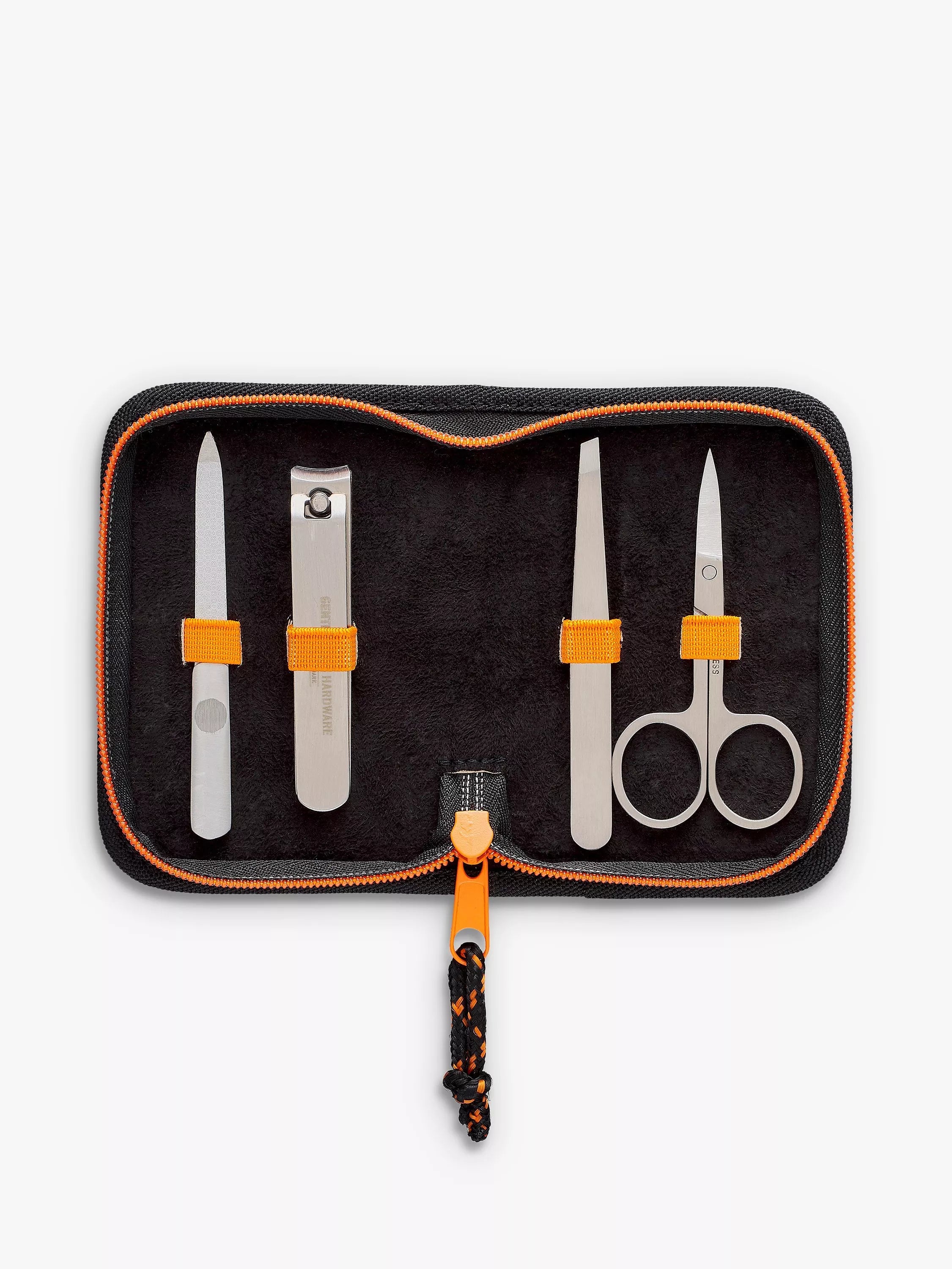 Gentlemen's Hardware manicure kit with stainless steel clippers, tweezers, and scissors in a zipped fabric case, UK version