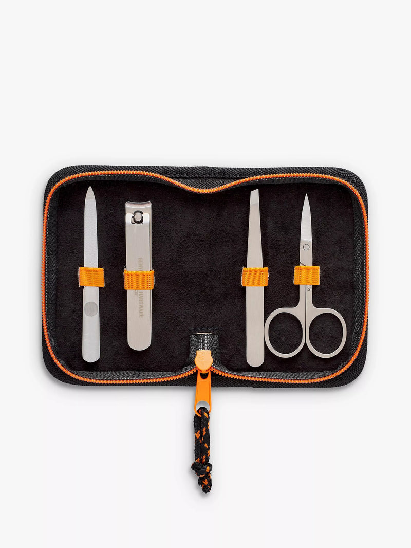 Gentlemen's Hardware manicure kit with stainless steel clippers, tweezers, and scissors in a zipped fabric case, UK version
