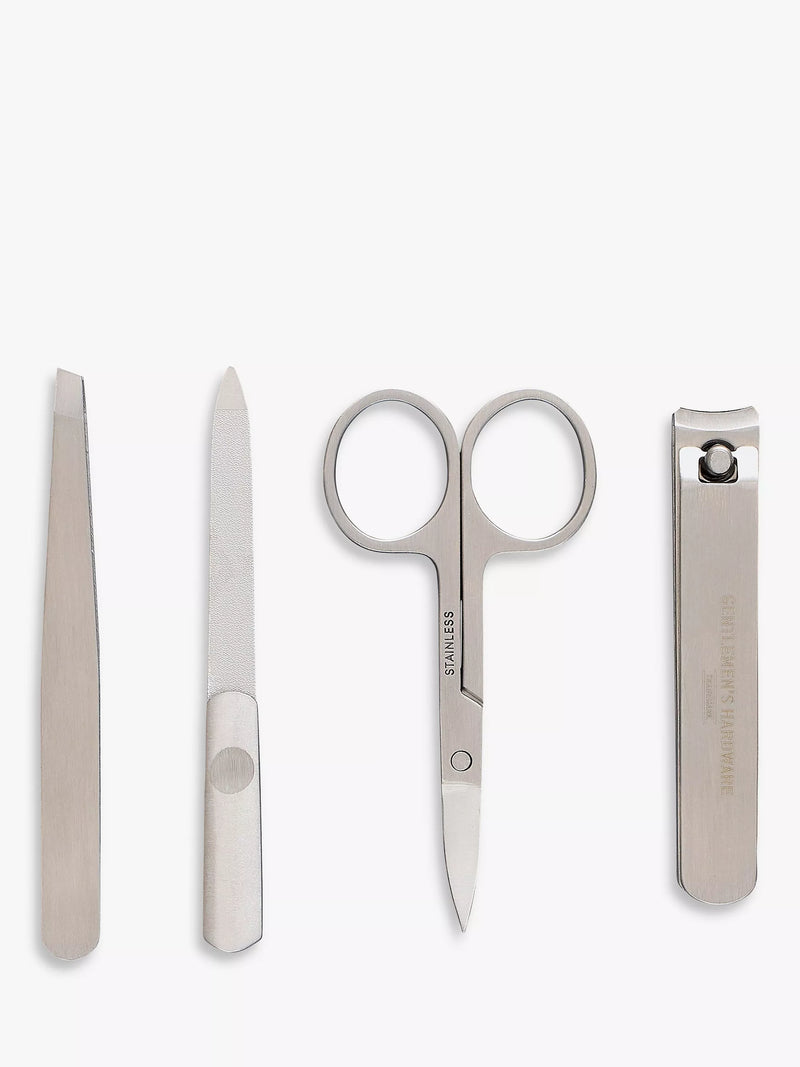 Gentlemen's Hardware manicure kit with stainless steel clippers, tweezers, and scissors in a zipped fabric case, UK version