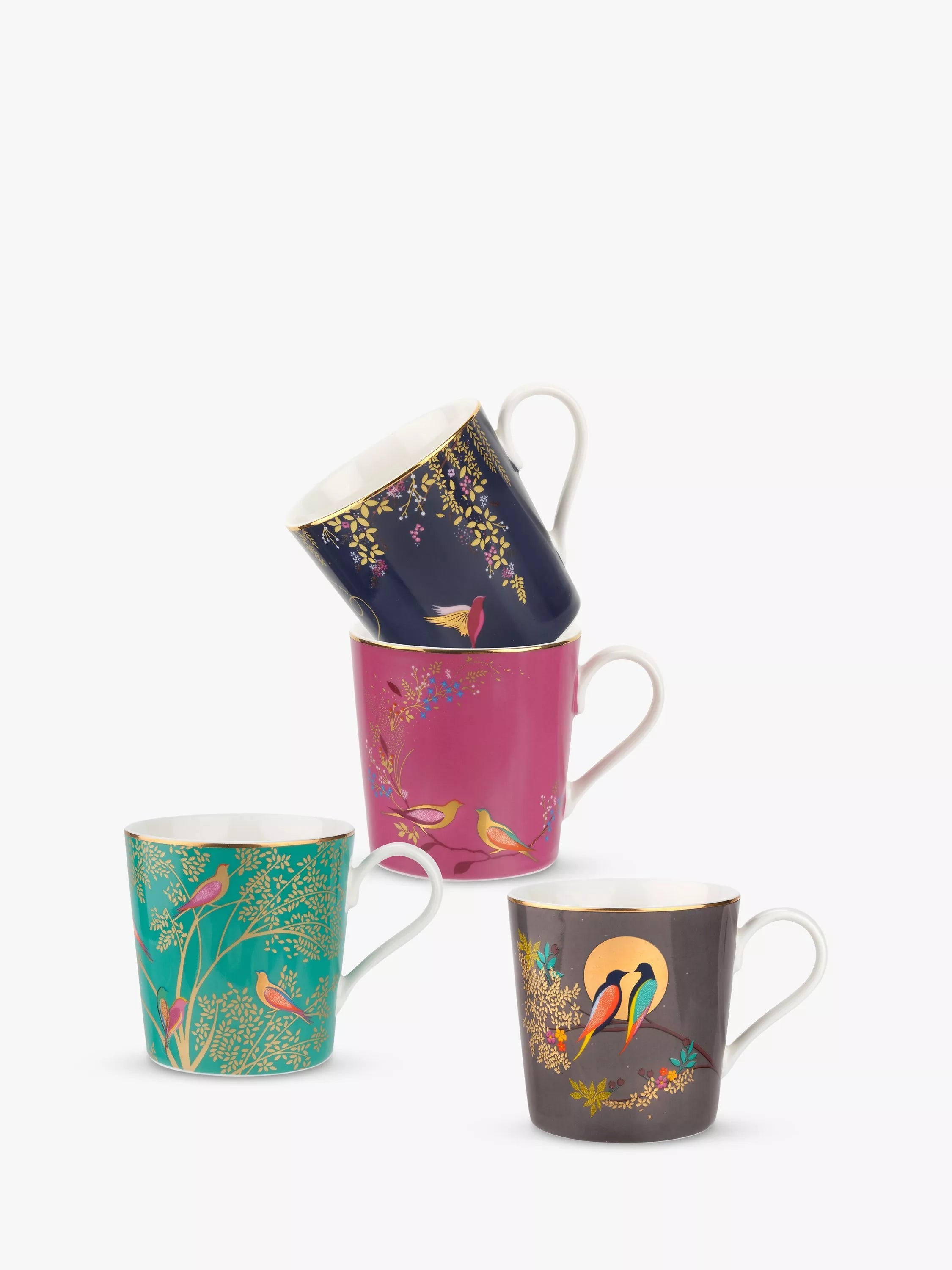 Sara Miller bird motif fine china mugs with gold accents, set of four 340ml (British brand)