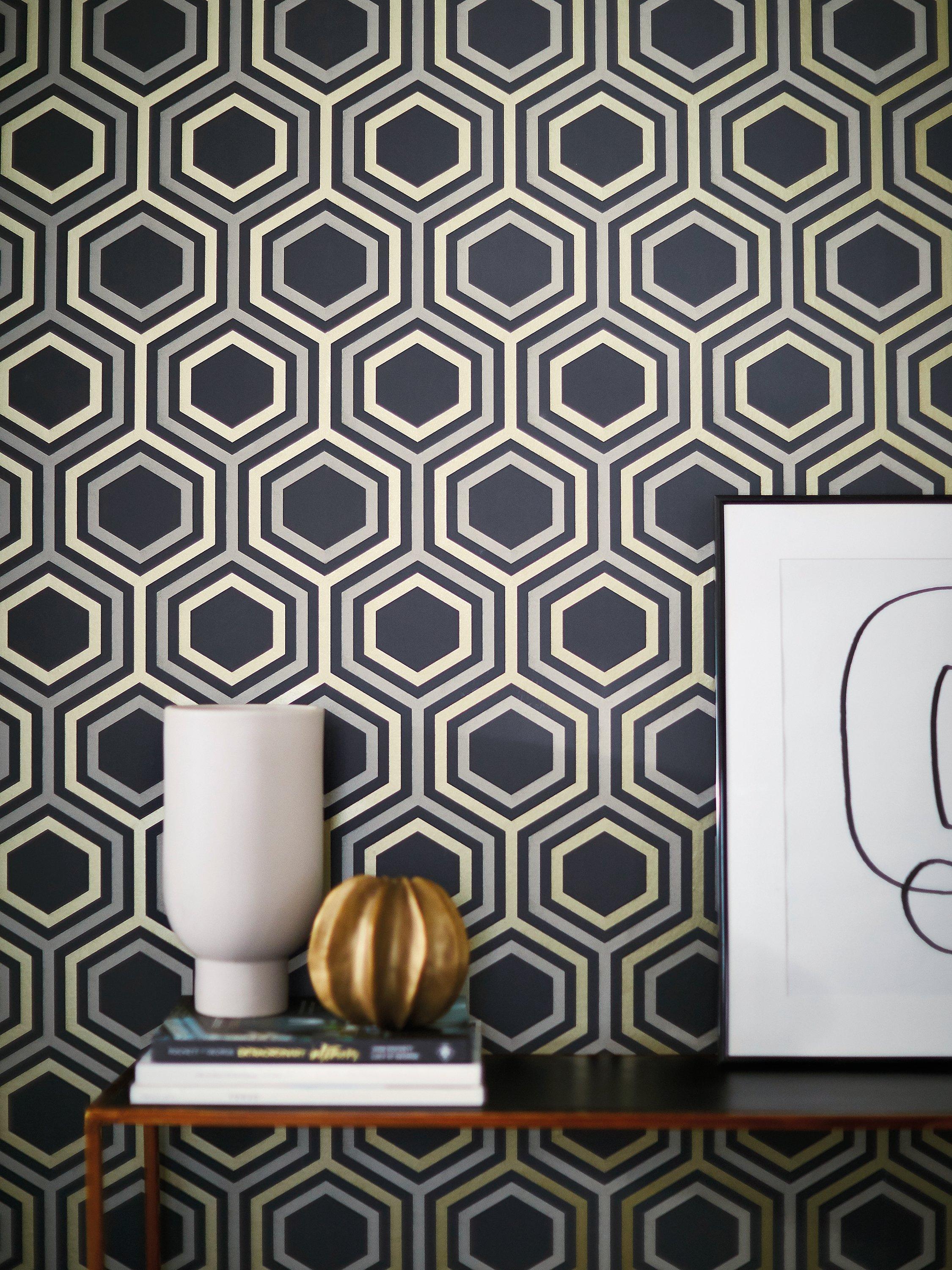 Harlequin honeycomb design wallpaper with metallic tones, UK version