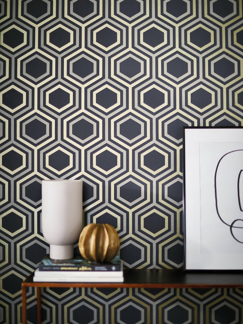 Harlequin honeycomb design wallpaper with metallic tones, UK version