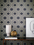 Harlequin honeycomb design wallpaper with metallic tones, UK version