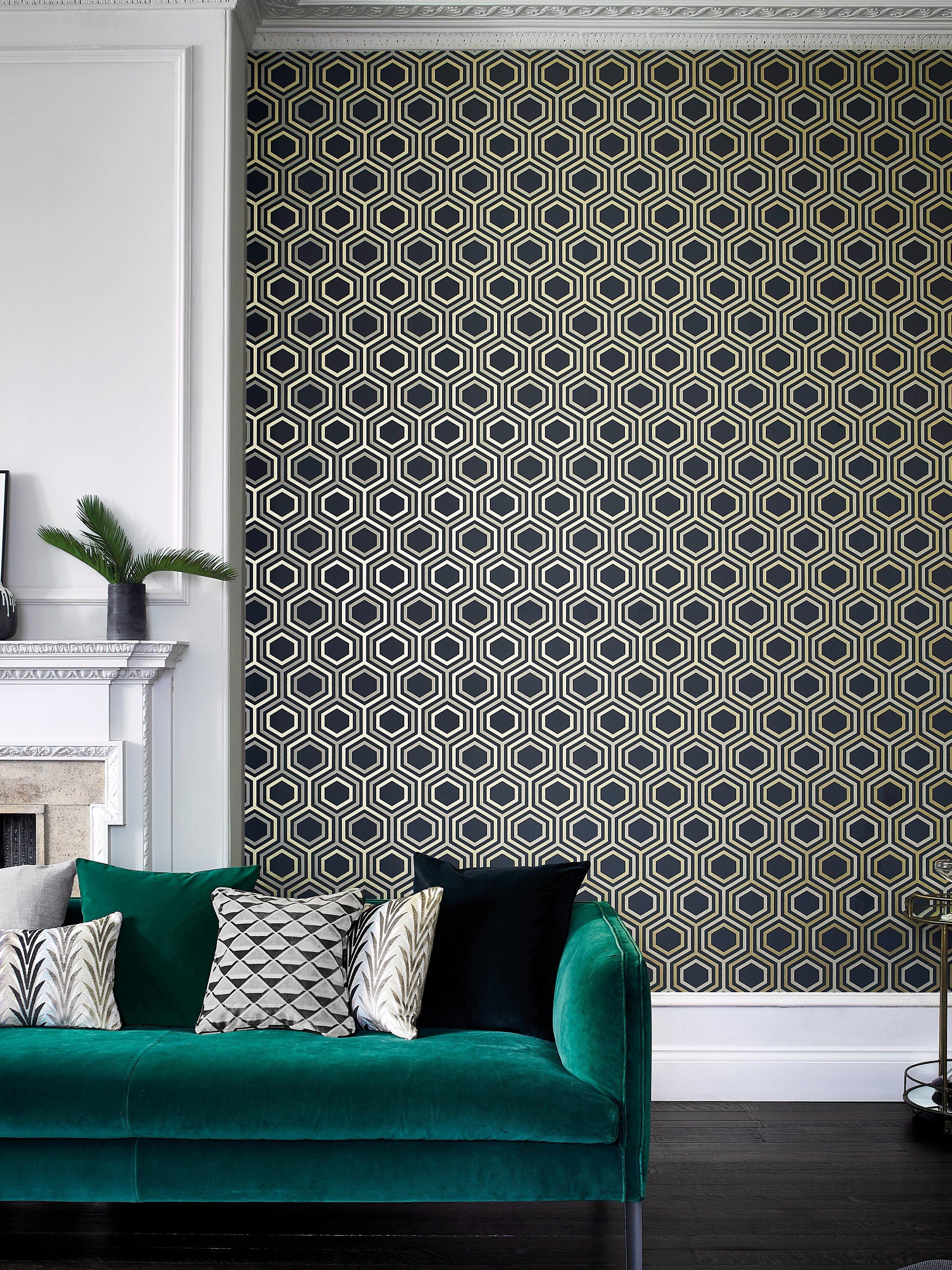 Harlequin honeycomb design wallpaper with metallic tones, UK version