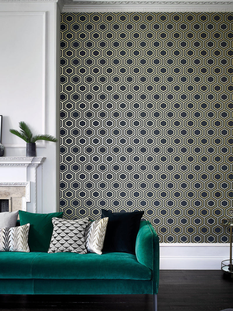 Harlequin honeycomb design wallpaper with metallic tones, UK version