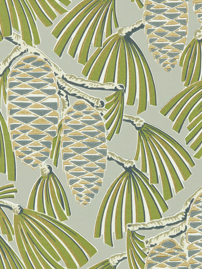 Pine Cone and Stylised Leaf Pattern Wallpaper with Metallic Accents