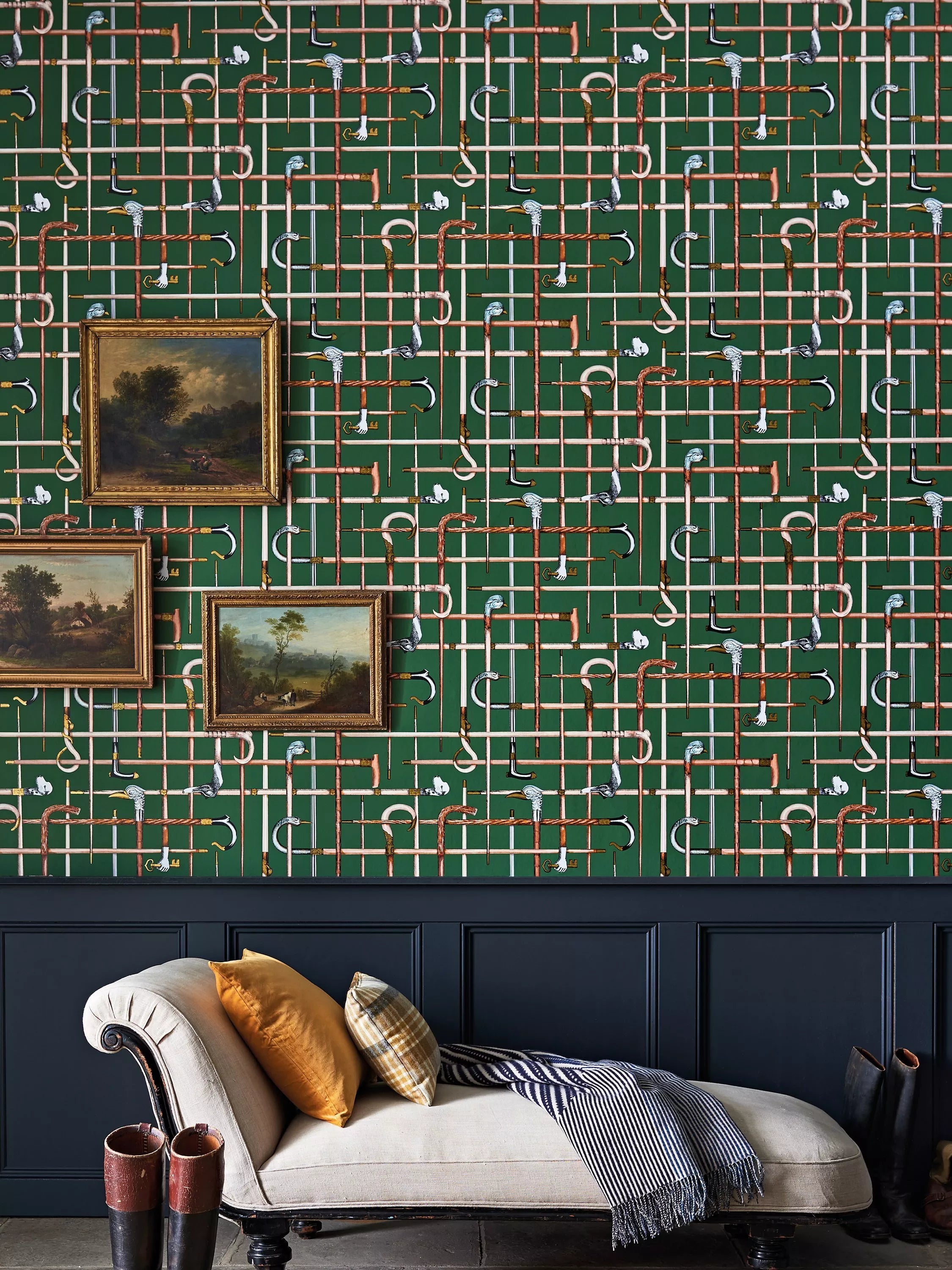 Cole & Son Bastoni wallpaper design with metallic gold details, UK version